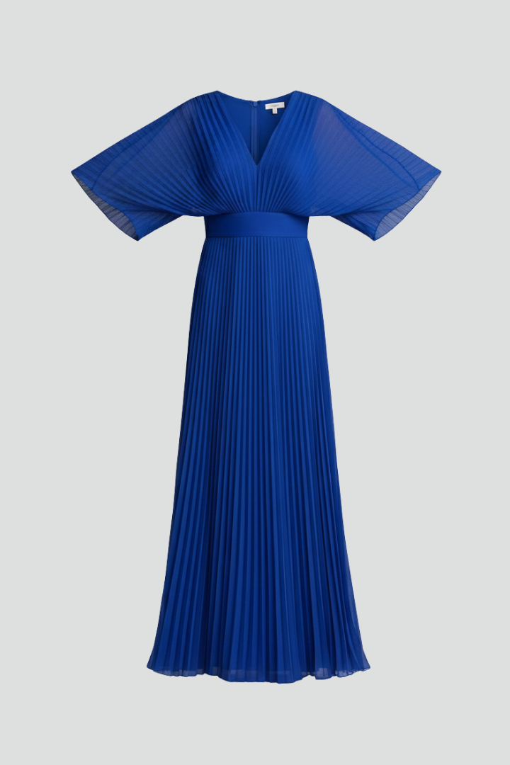 Women's blue long sleeve maxi dress with pleated skirt and wrap front