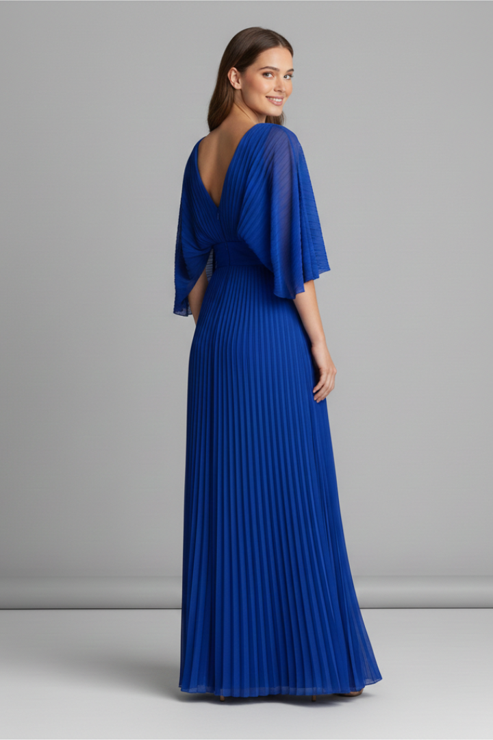 Women's blue long sleeve maxi dress with pleated skirt and wrap front