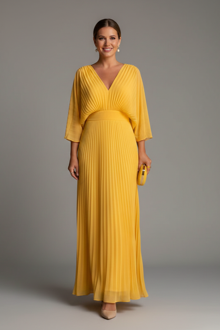 Women's blue long sleeve maxi dress with pleated skirt and wrap front