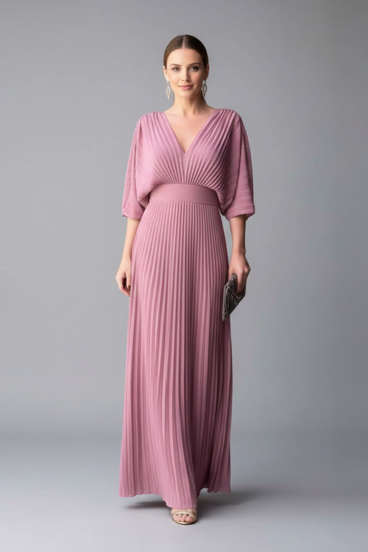 Women's blue long sleeve maxi dress with pleated skirt and wrap front