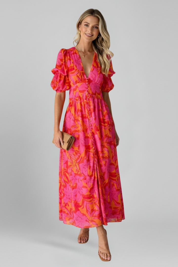 Women's red puff sleeve maxi dress with V-neck