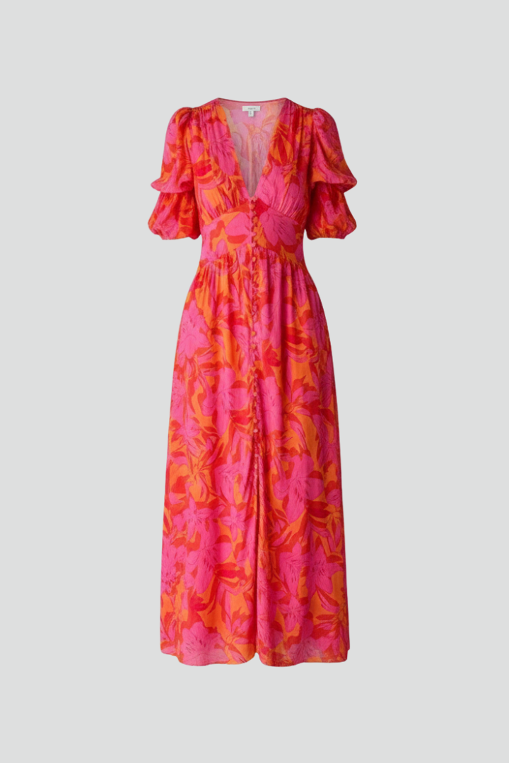 Women's red puff sleeve maxi dress with V-neck
