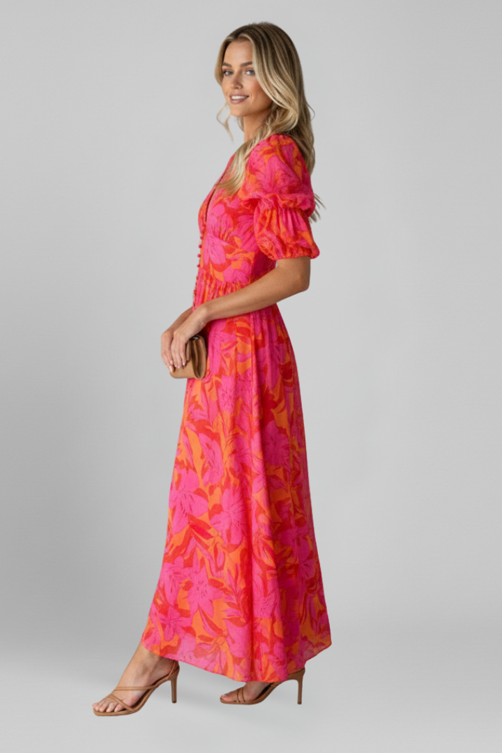 Women's red puff sleeve maxi dress with V-neck