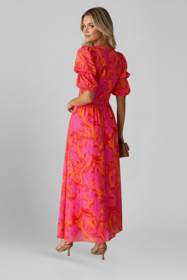 Women's red puff sleeve maxi dress with V-neck