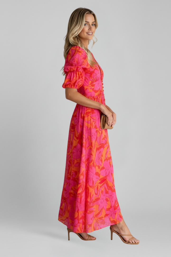 Women's red puff sleeve maxi dress with V-neck