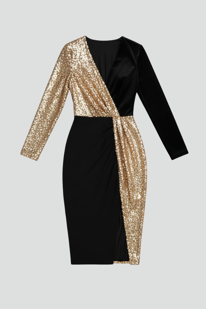 Women's black long sleeve knee-length dress with textured panels