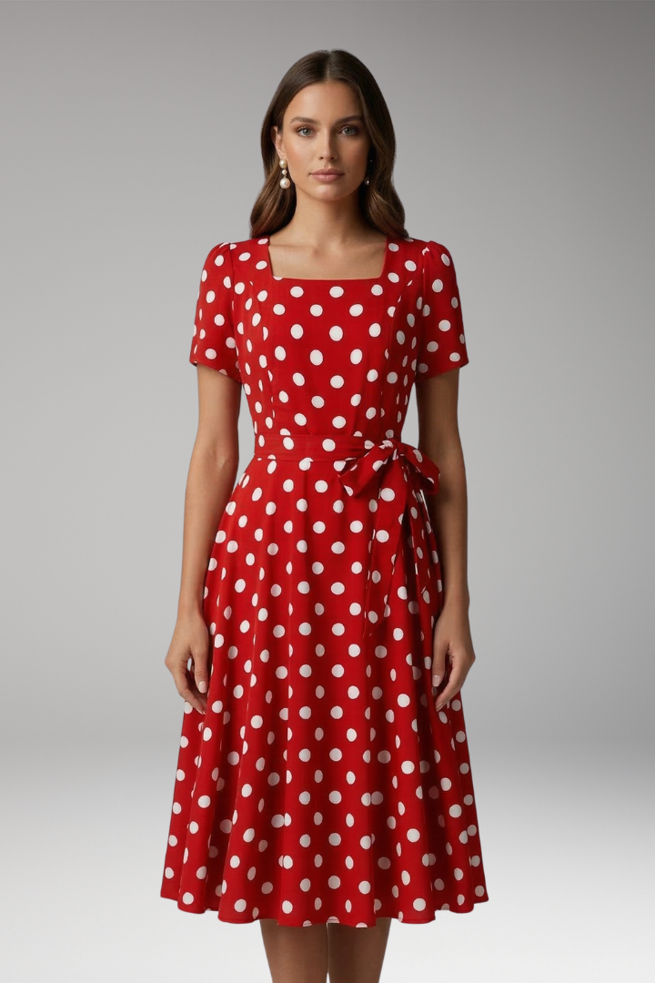 Women's red polka dot tea dress with V-neck and flared skirt