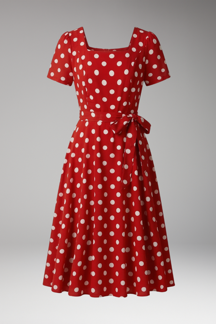 Women's red polka dot tea dress with V-neck and flared skirt