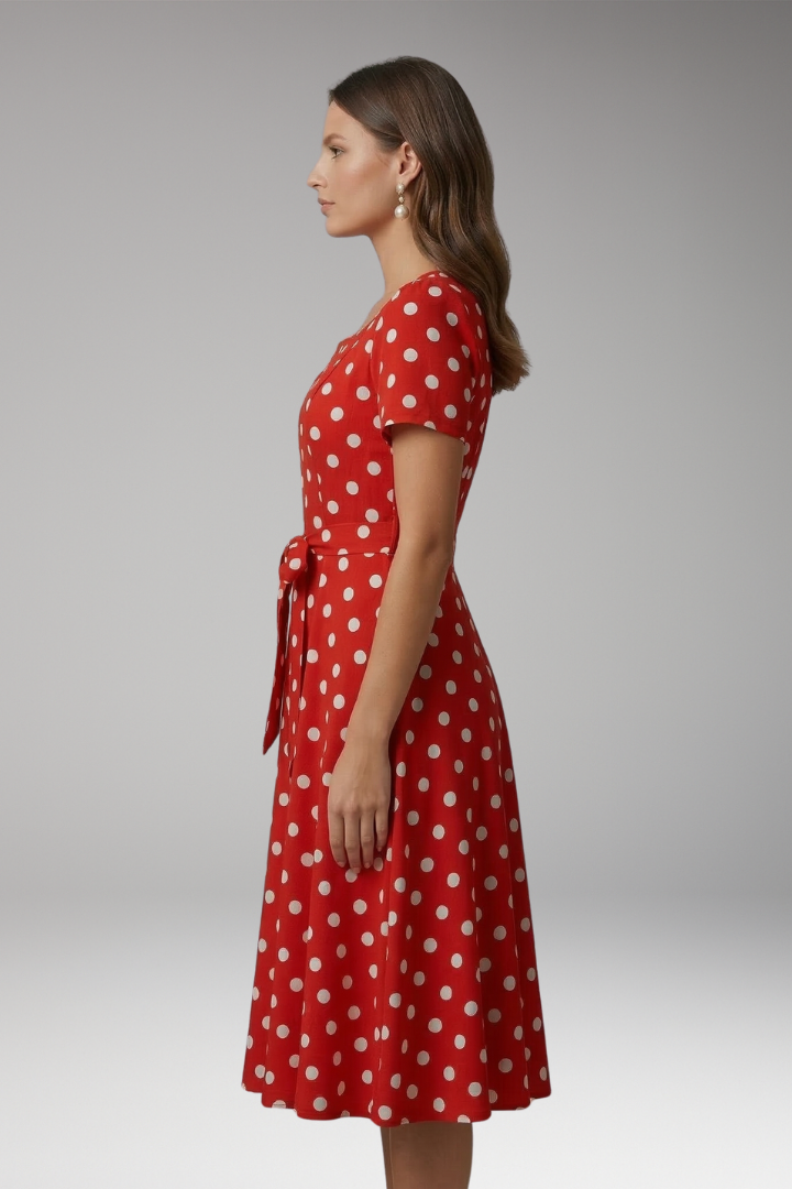 Women's red polka dot tea dress with V-neck and flared skirt