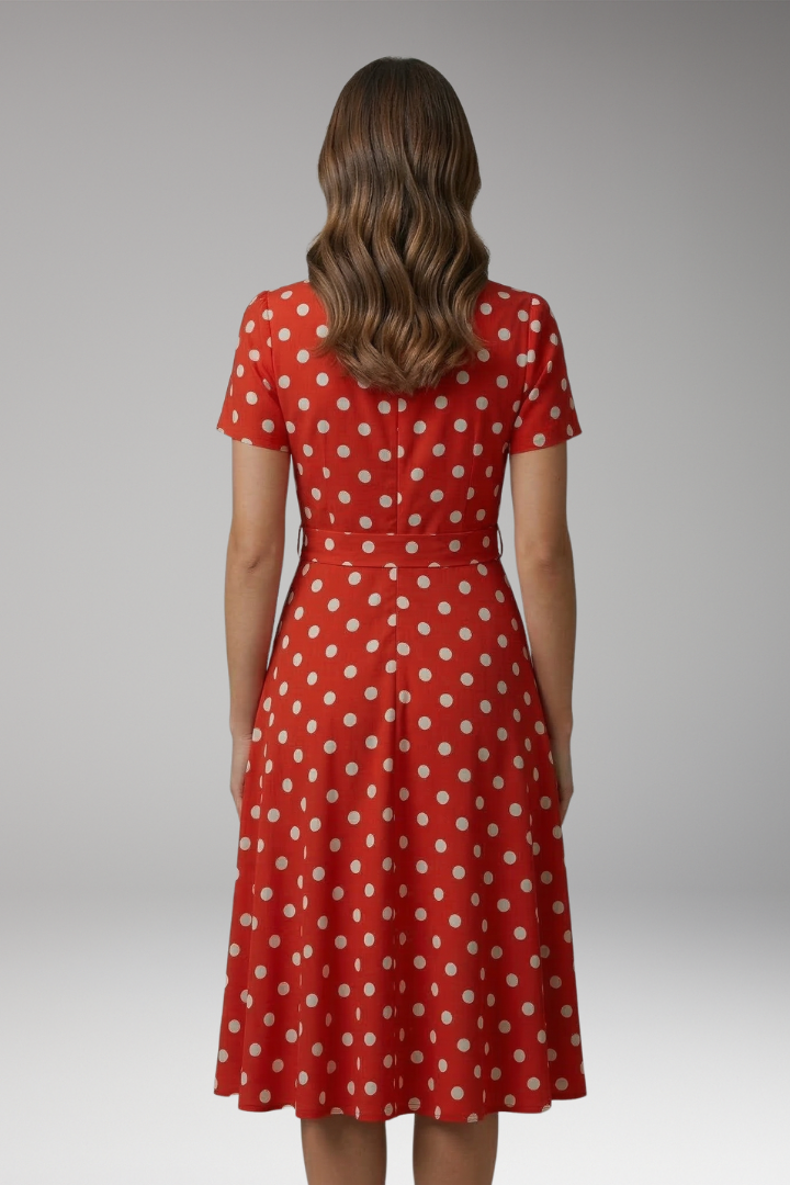 Women's red polka dot tea dress with V-neck and flared skirt