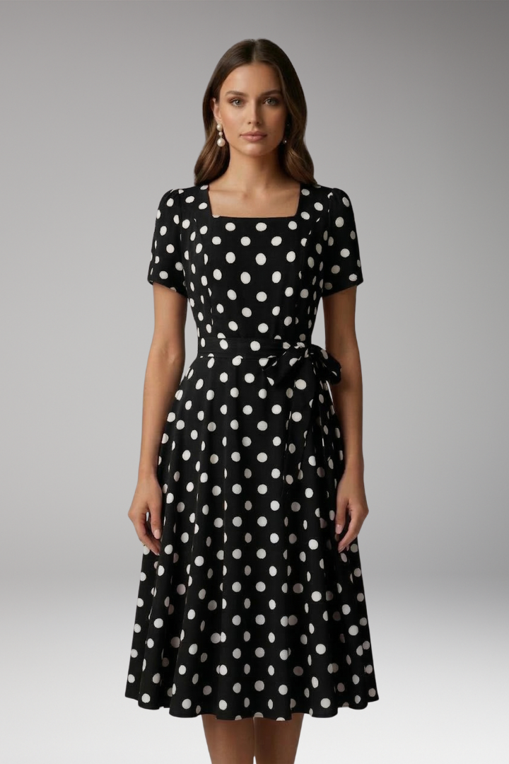 Women's white polka dot tea dress with V-neck and flared skirt