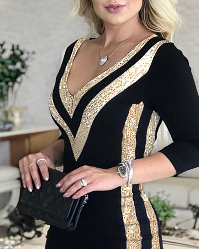 Women's champagne sequin trim bodycon mini dress with deep V neck