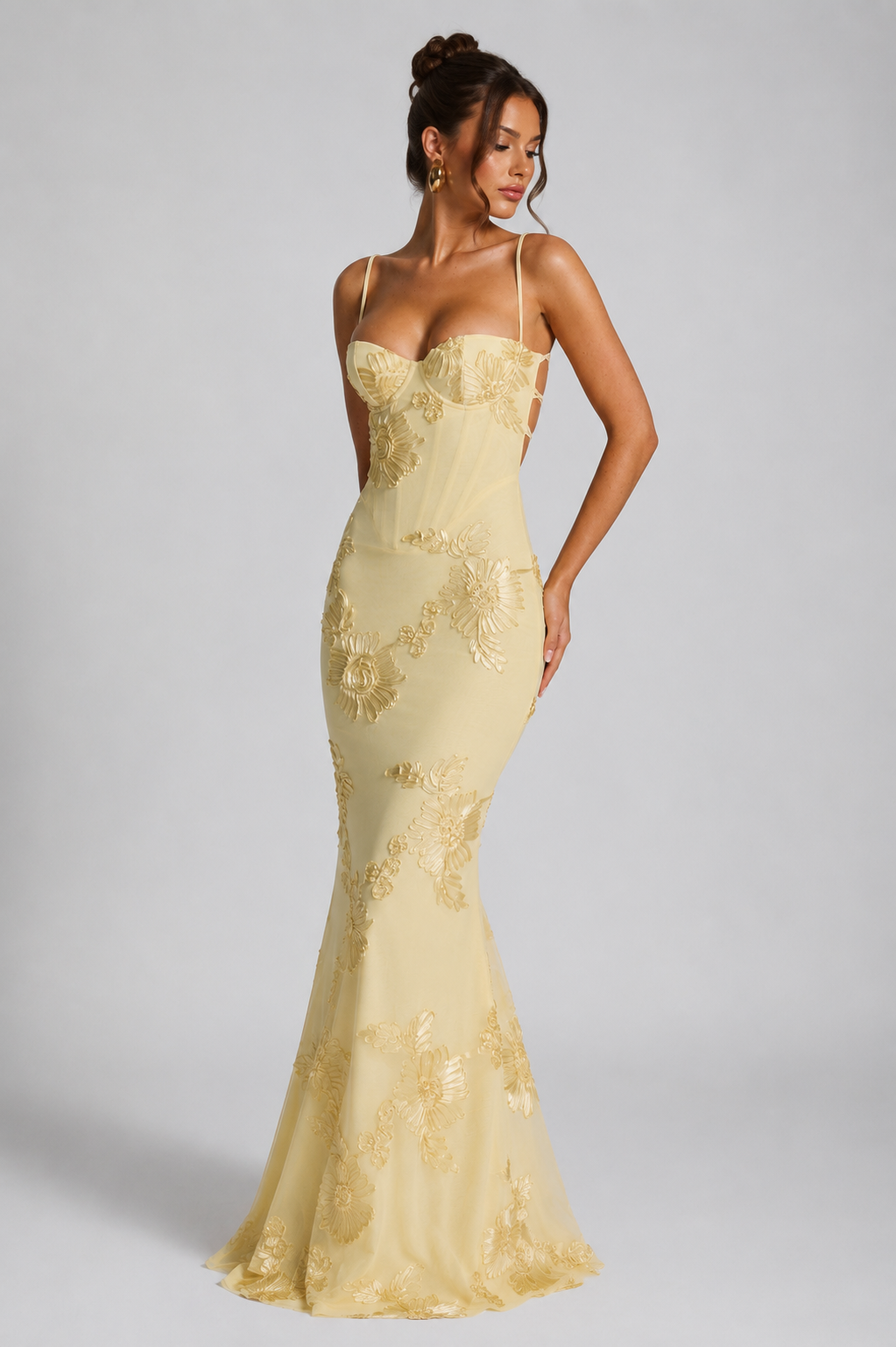 Women's yellow floral corset maxi dress for wedding guest
