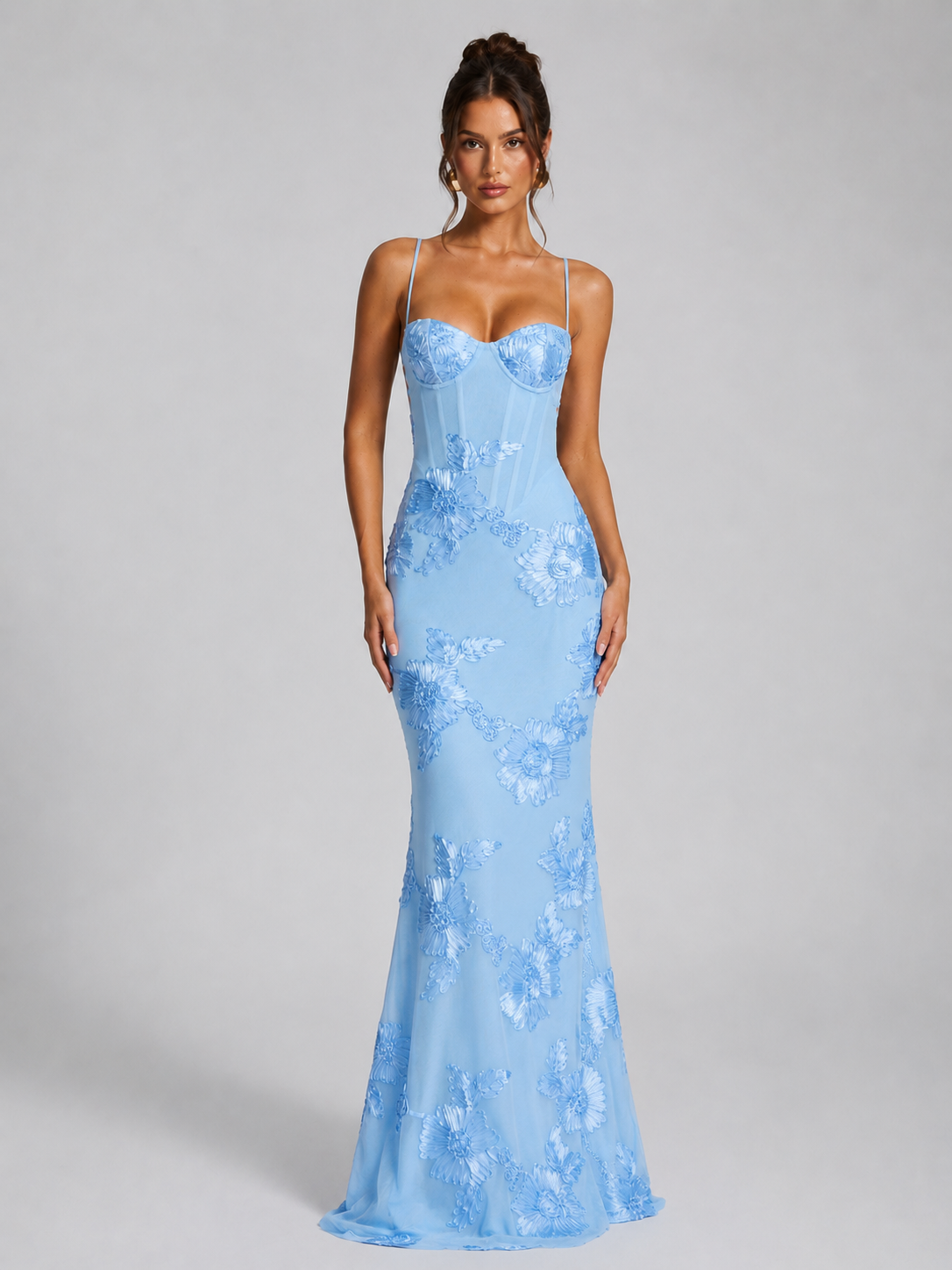 Women's light blue floral corset maxi dress for wedding guest