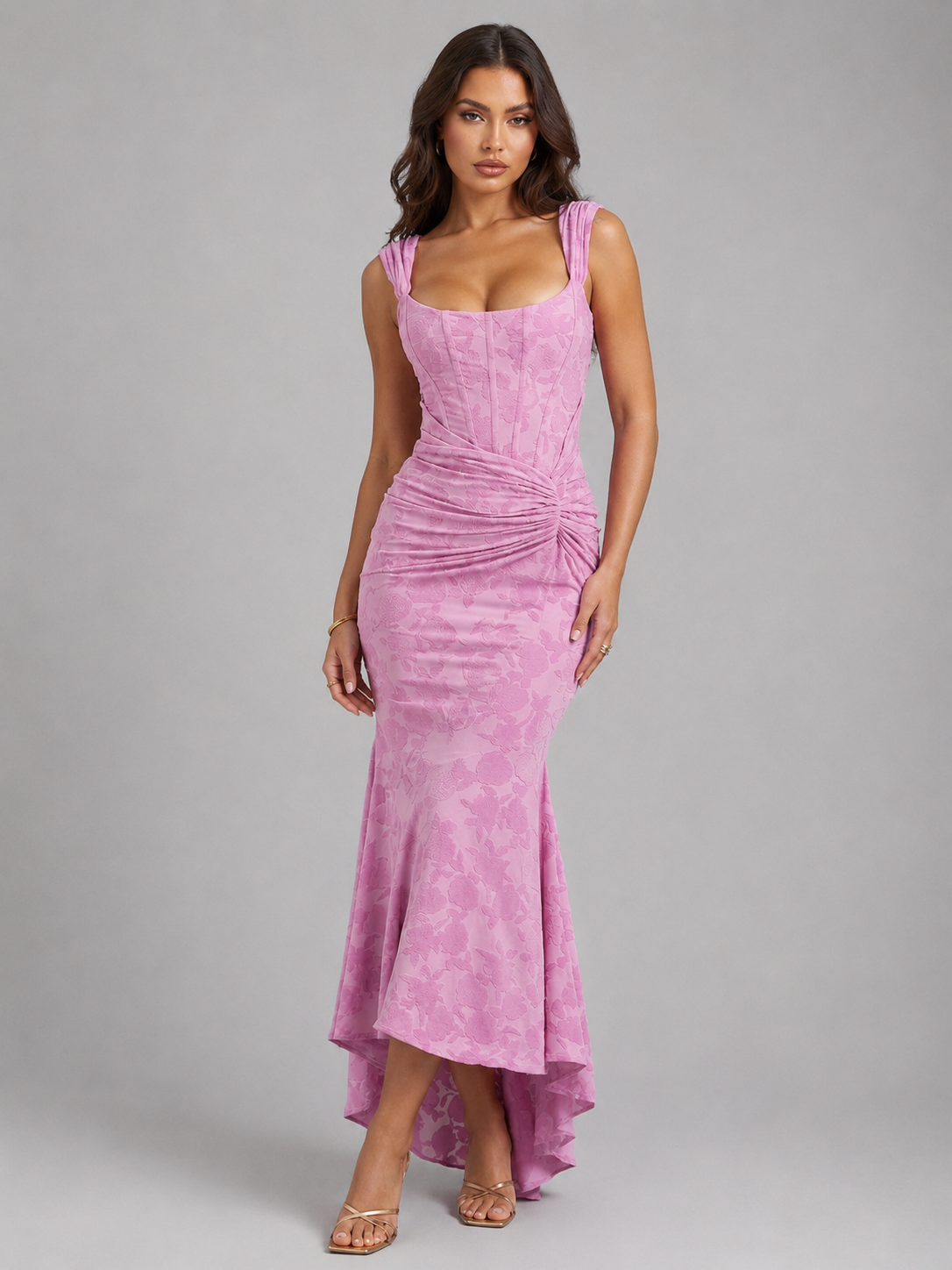 Women's pink floral fishtail corset maxi dress