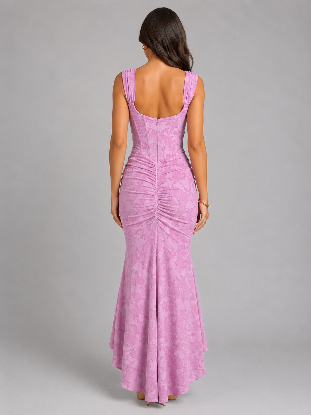 Women's pink floral fishtail corset maxi dress