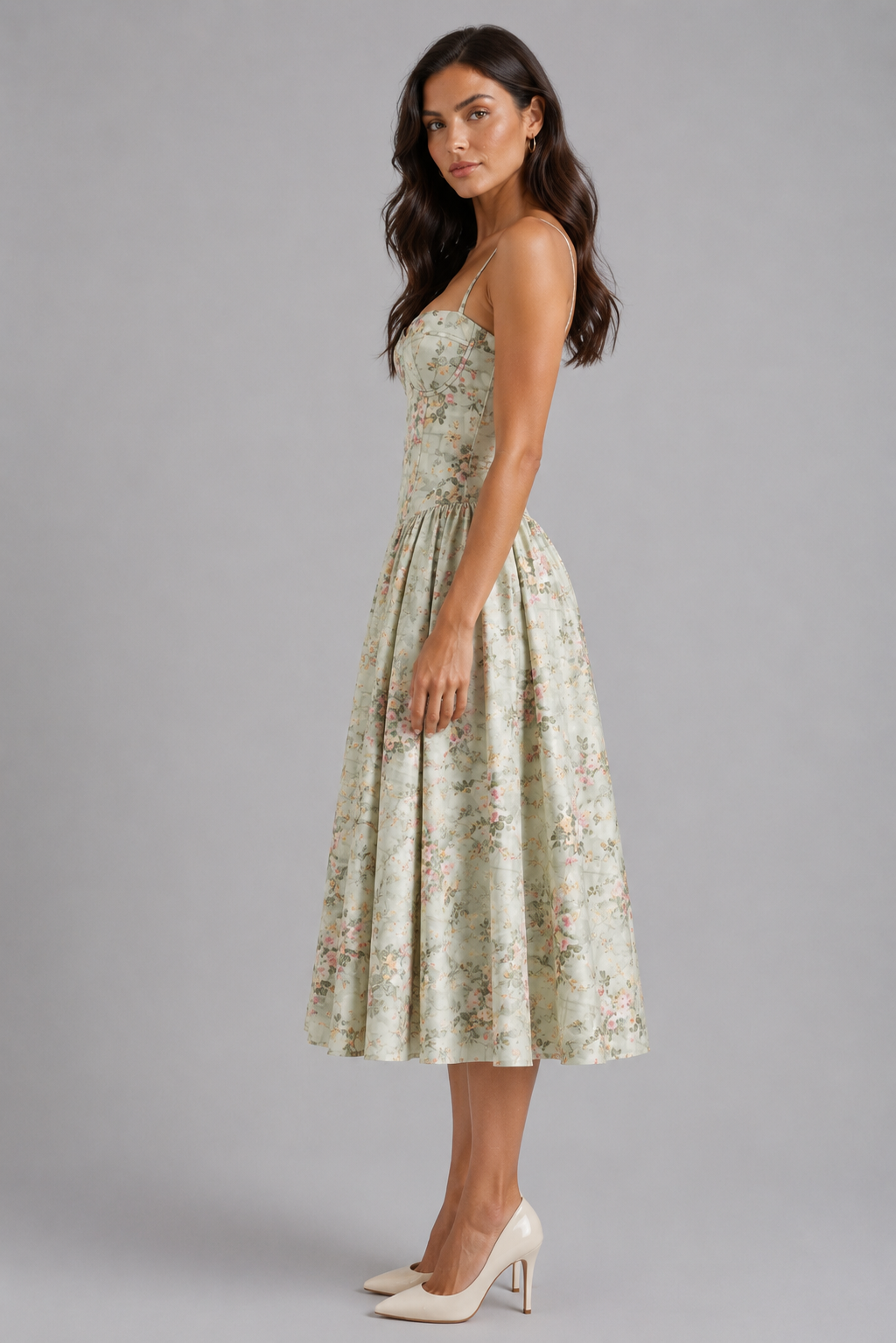 Women's green floral sweetheart corset midi dress