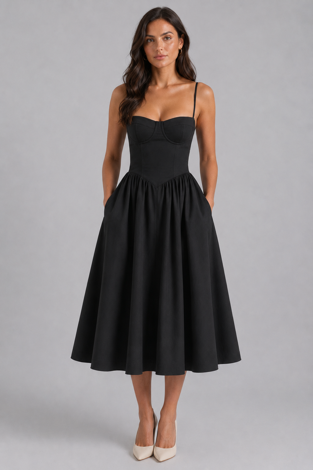 Women's black floral sweetheart corset midi dress