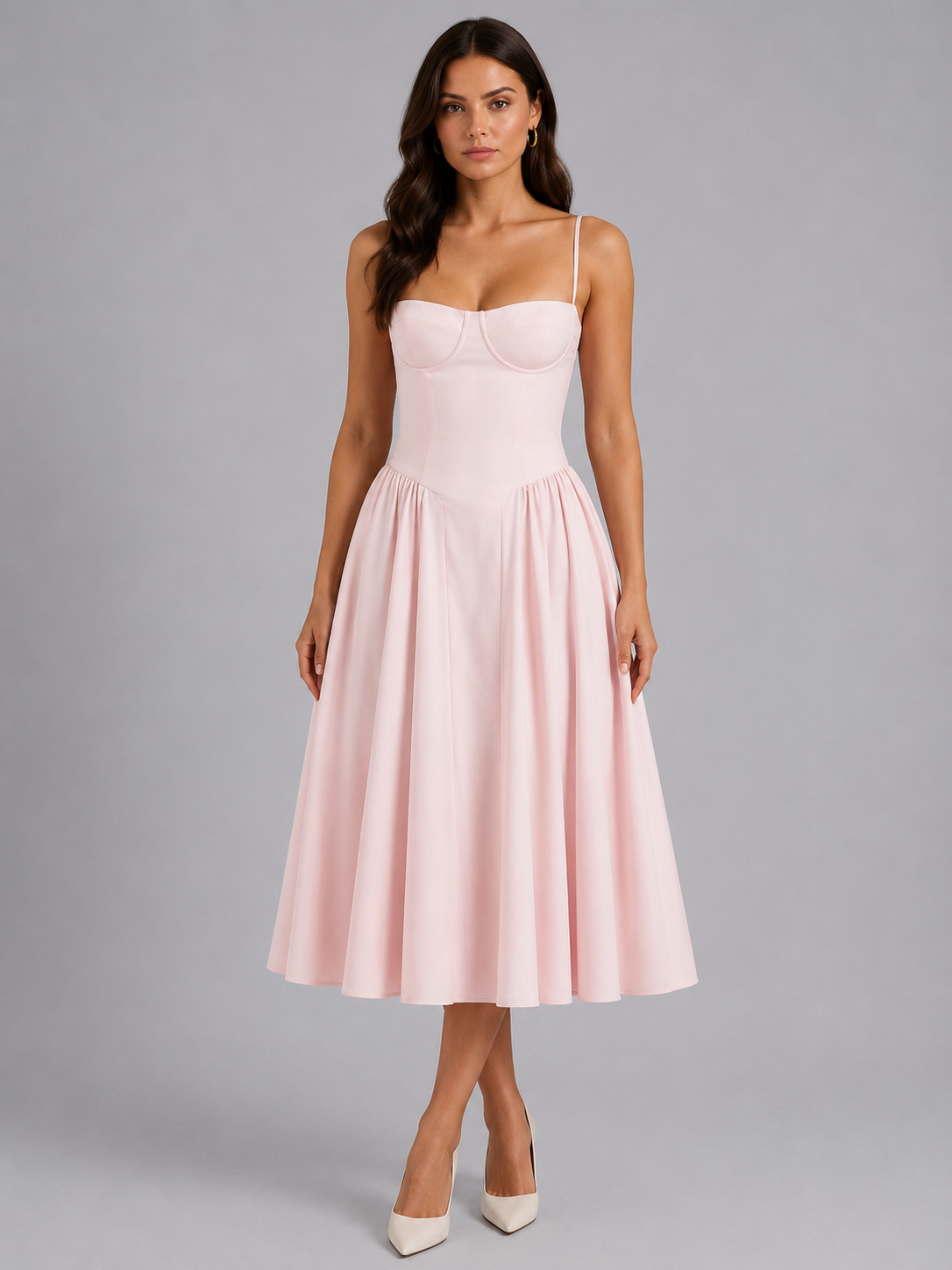 Women's cream floral sweetheart corset midi dress