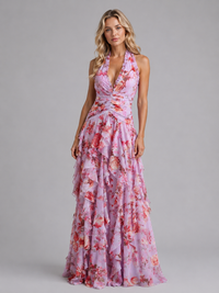 Women's Floral Halter Maxi Dress, Tiered Wedding Guest