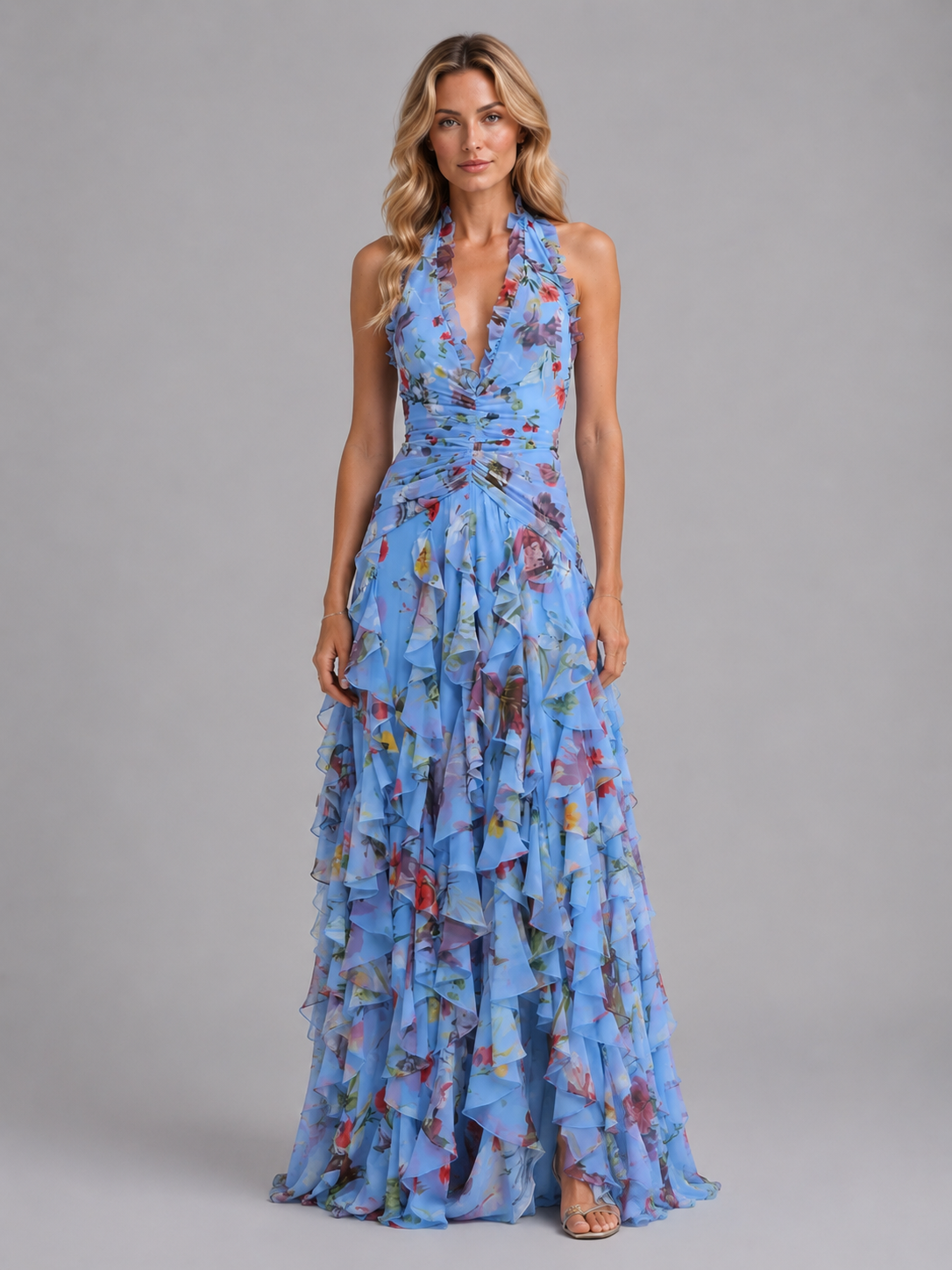 Women's pink floral halter maxi dress, tiered