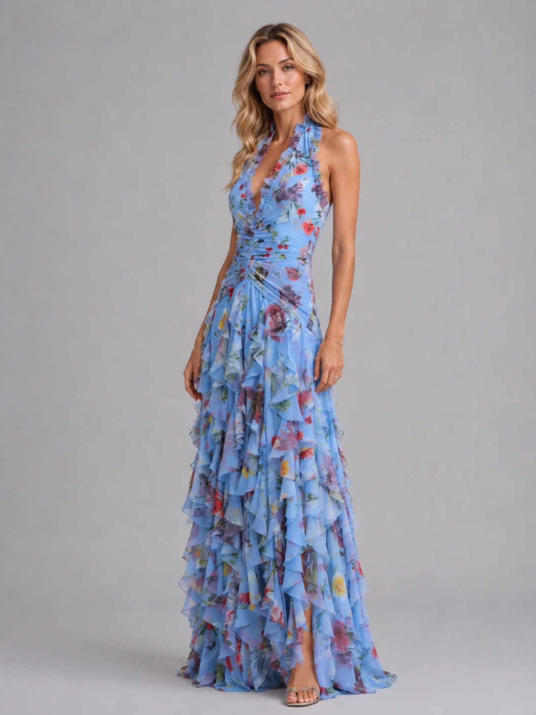 Women's blue floral halter maxi dress, tiered