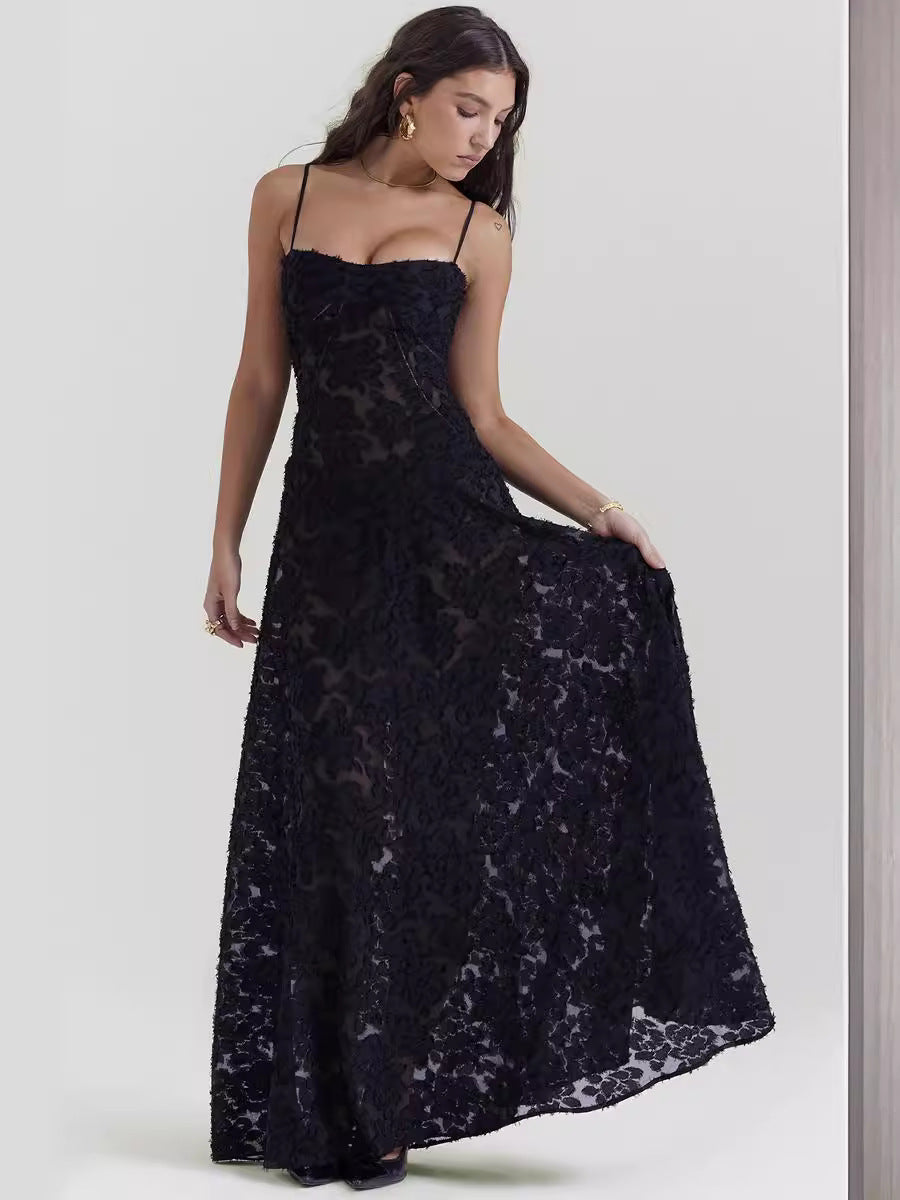Women's black floral lace maxi dress with sweetheart neckline