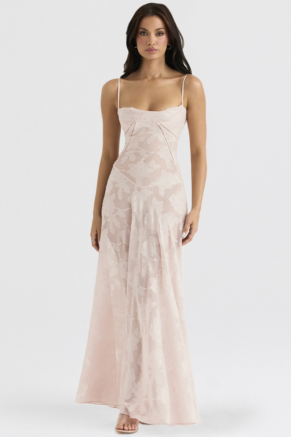 Women's pink floral lace maxi dress with sweetheart neckline