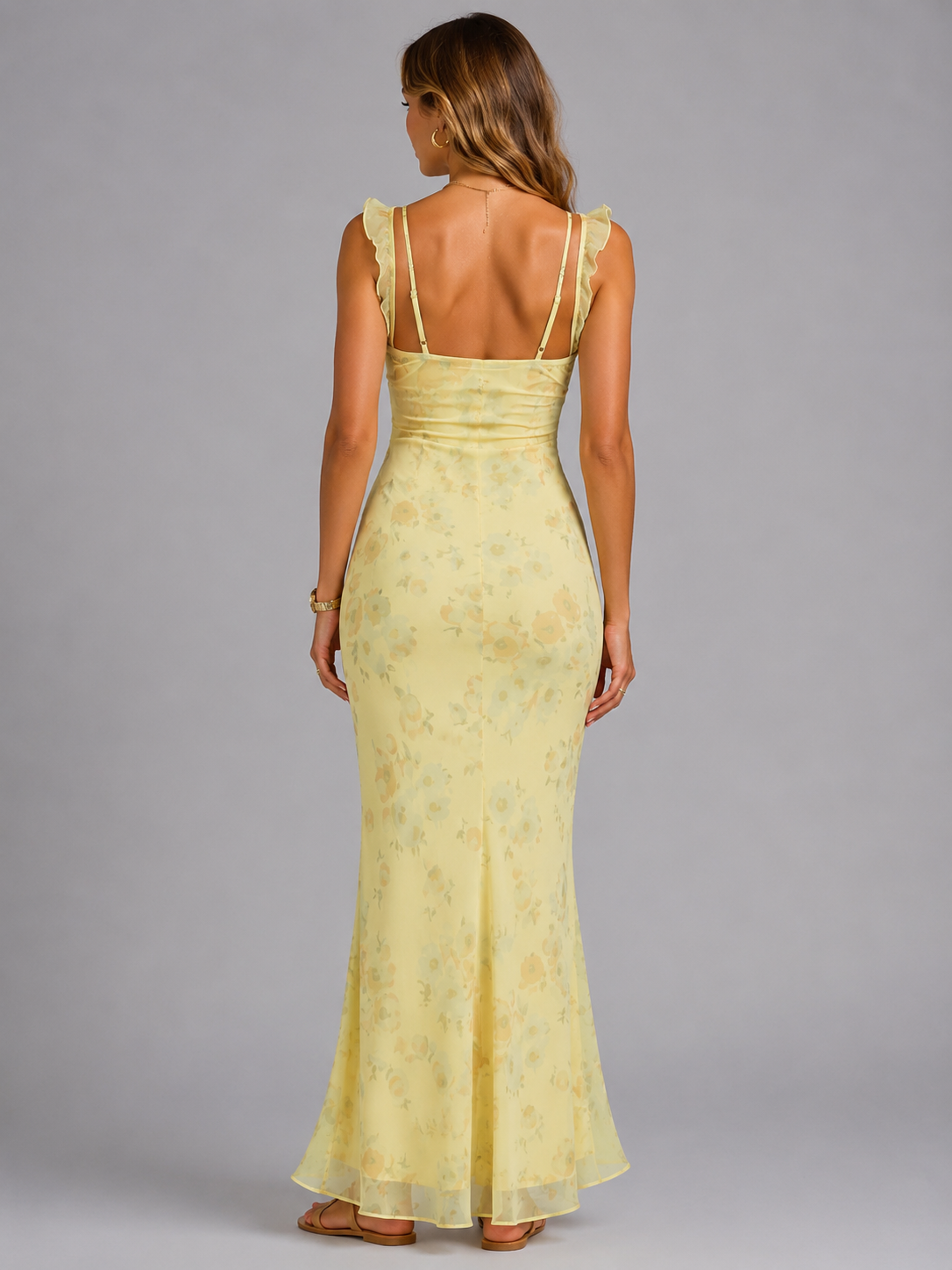 Women's yellow floral ruffle strap maxi dress for summer