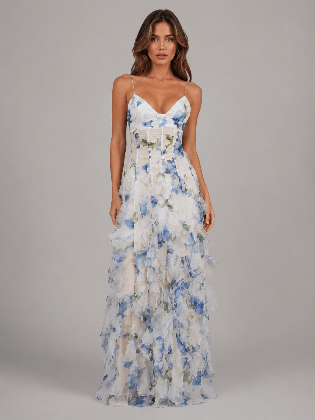Women's blue chiffon corset ruffle maxi dress