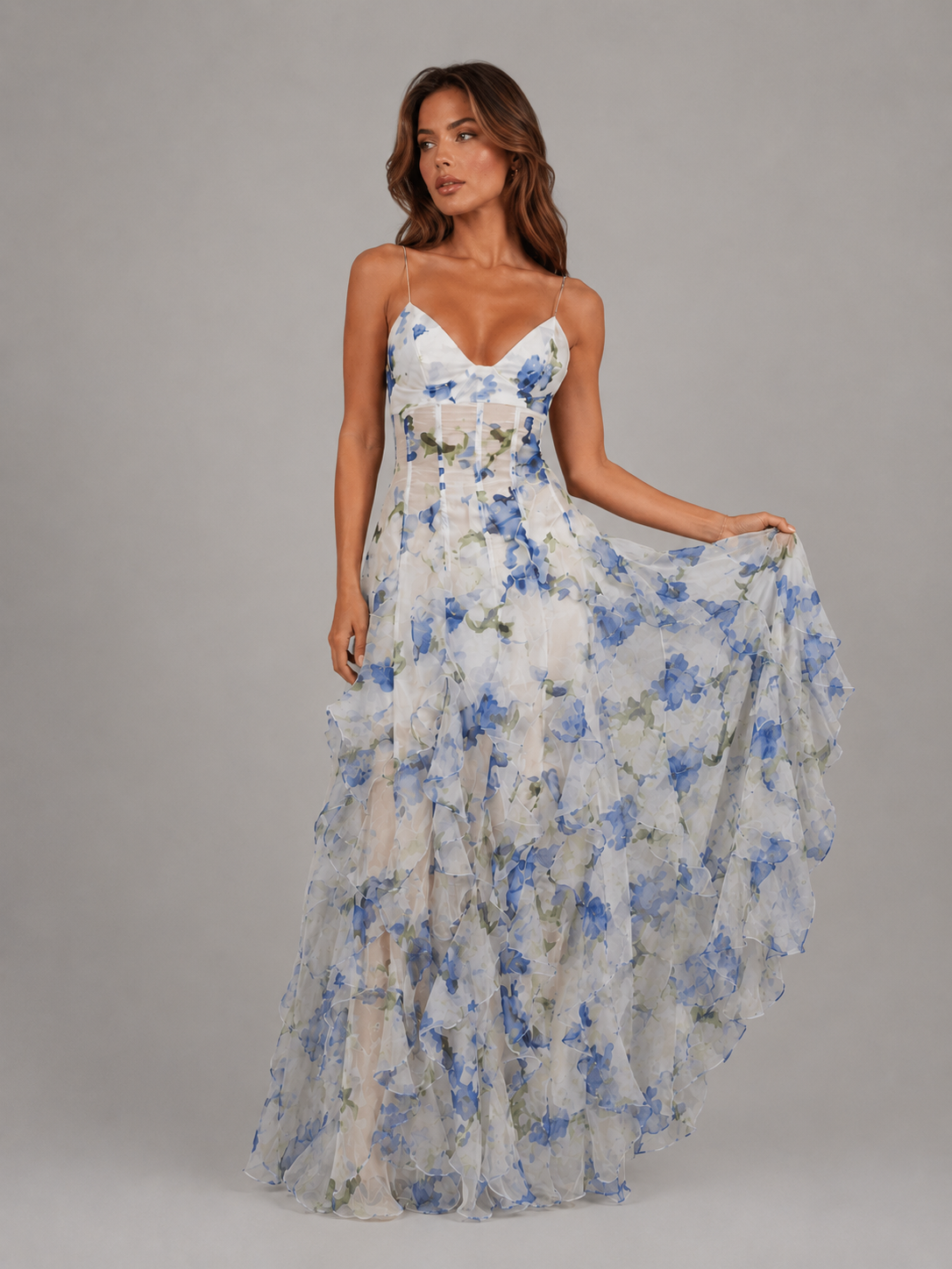 Women's blue chiffon corset ruffle maxi dress