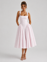 Women's Gingham Square Neck Midi Dress, Full Skirt
