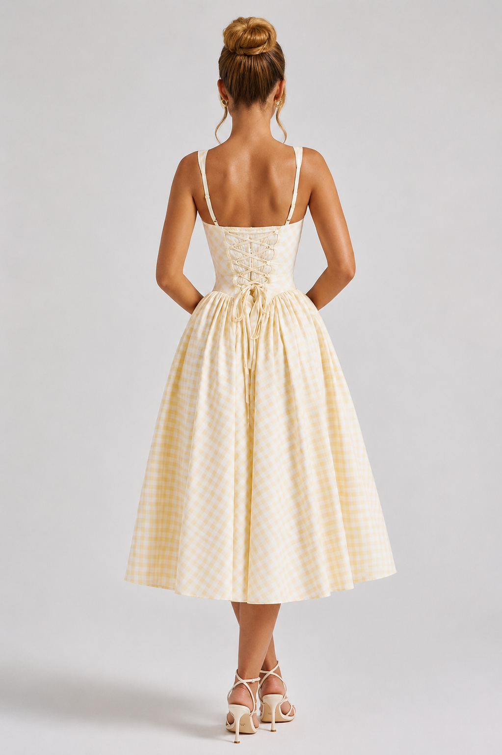Women's yellow gingham square neck midi dress