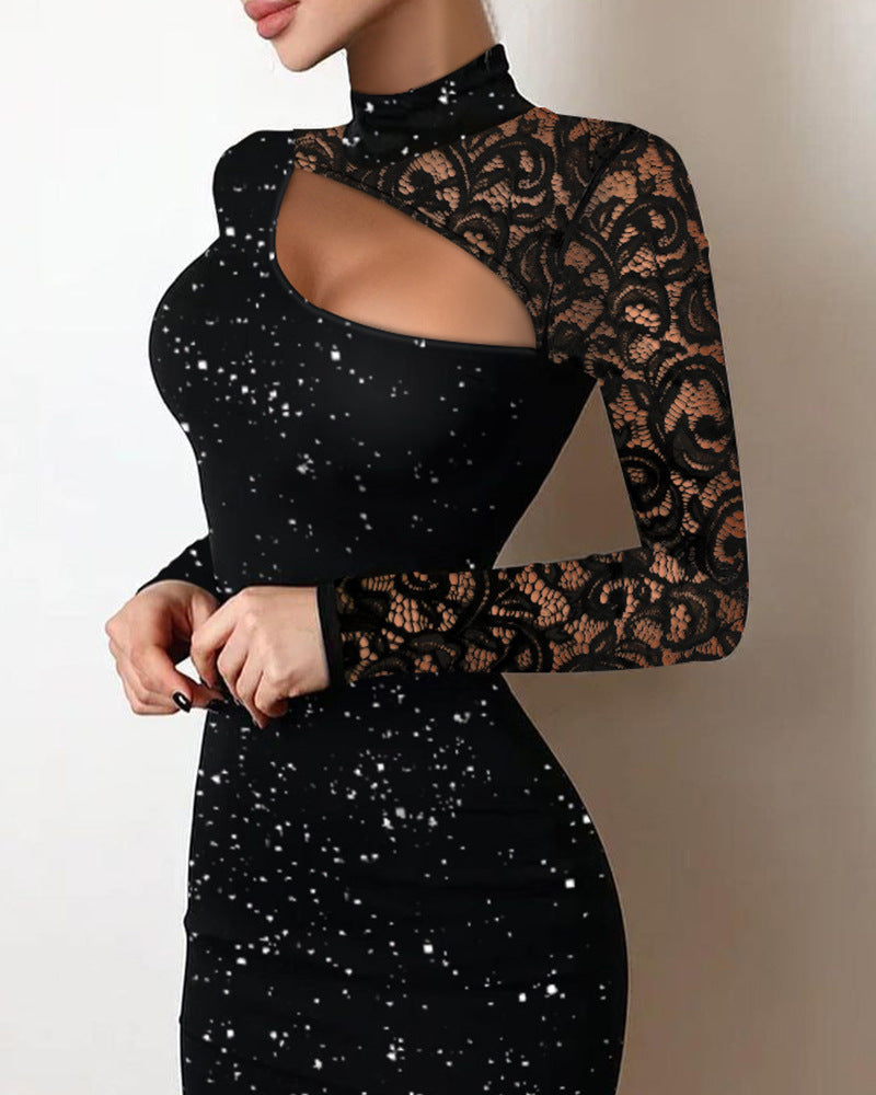 Women's black glitter bodycon mini dress with lace sleeve