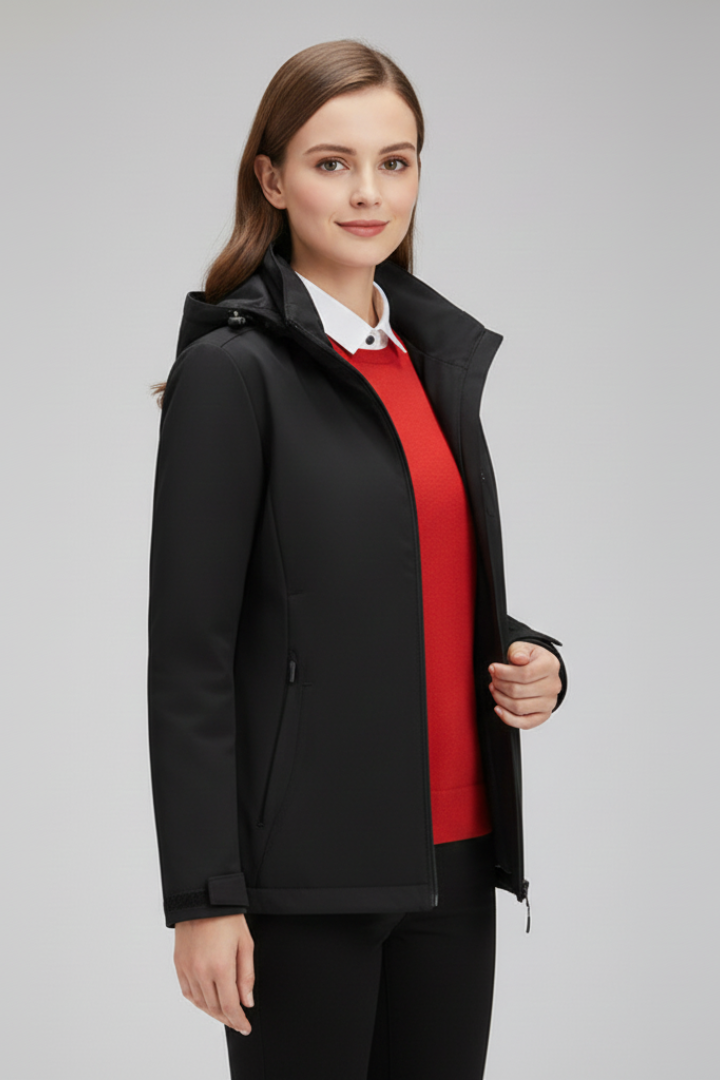 Women's black lined hooded jacket with high collar and zip pockets