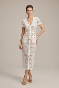 Women's Lace Midi Dress Button Front V Neck Short Sleeve