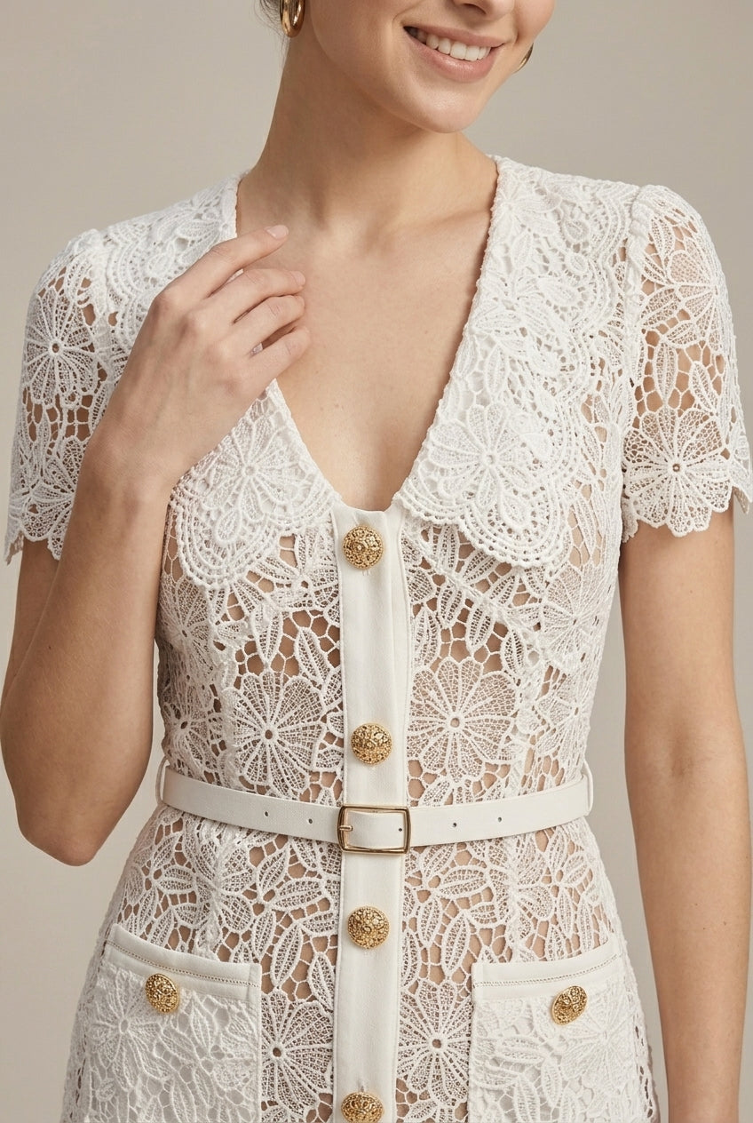 Women's white lace midi dress with button front and V neck