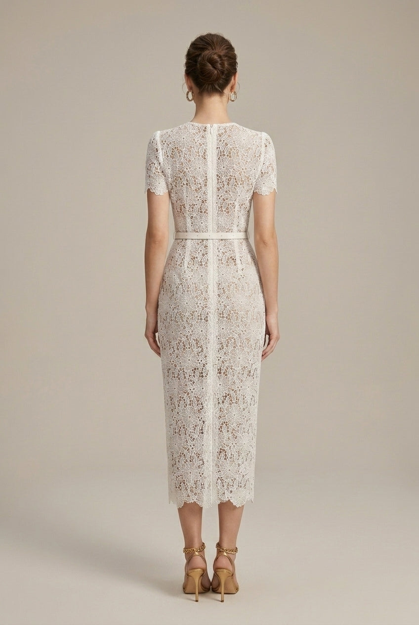 Women's white lace midi dress with button front and V neck