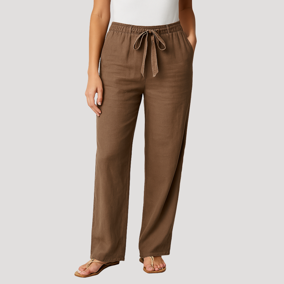 Women's navy linen wide leg trousers with drawstring waist