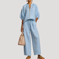 Women's Linen Co-Ord Set Balloon Sleeve Top Wide Leg Trousers