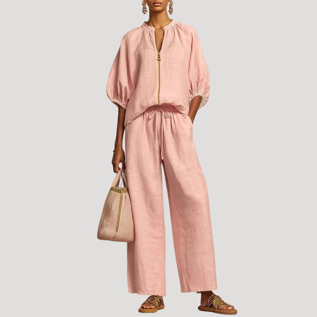 Women's light blue linen co-ord set with balloon sleeve top and wide leg trousers