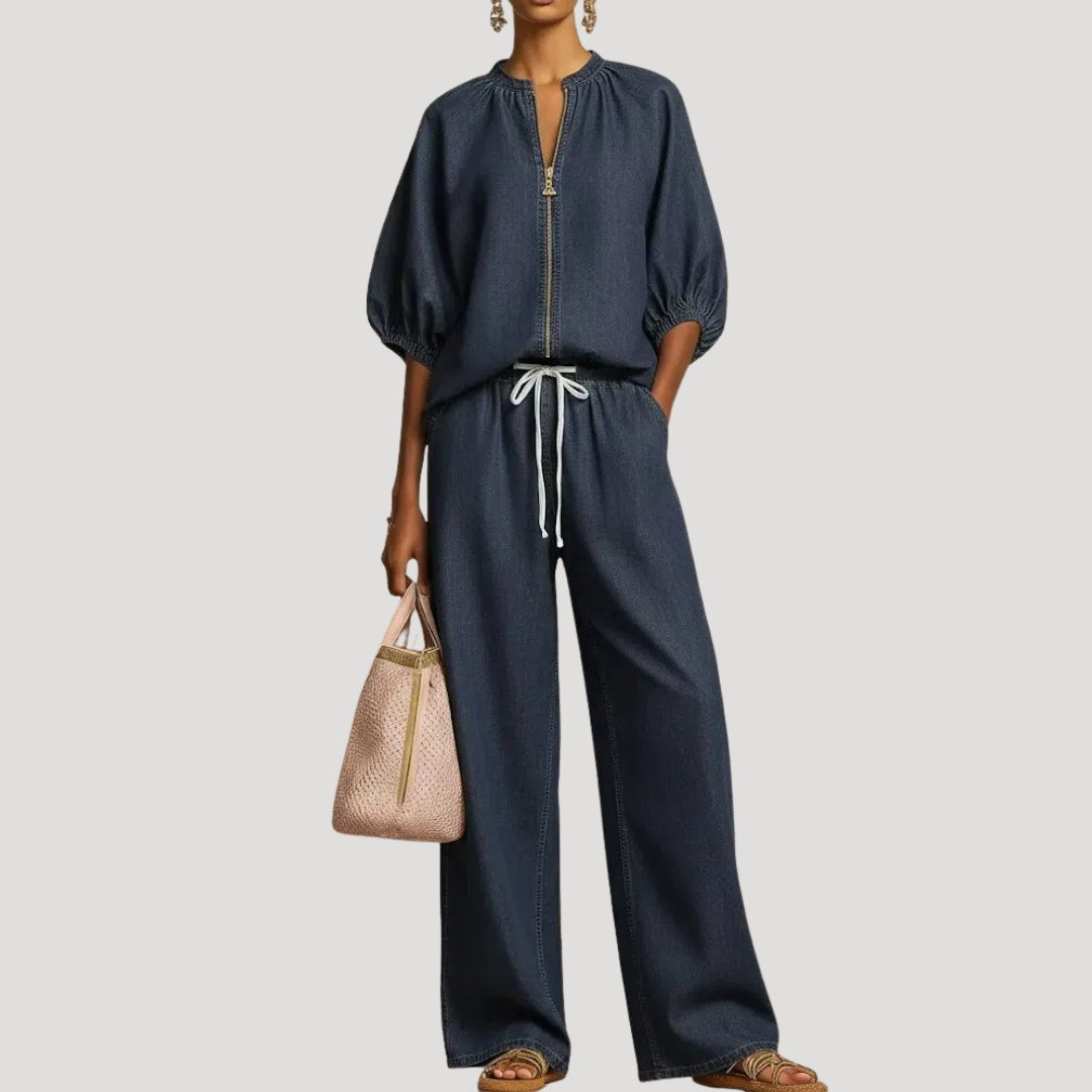 Women's black linen co-ord set with balloon sleeve top and wide leg trousers