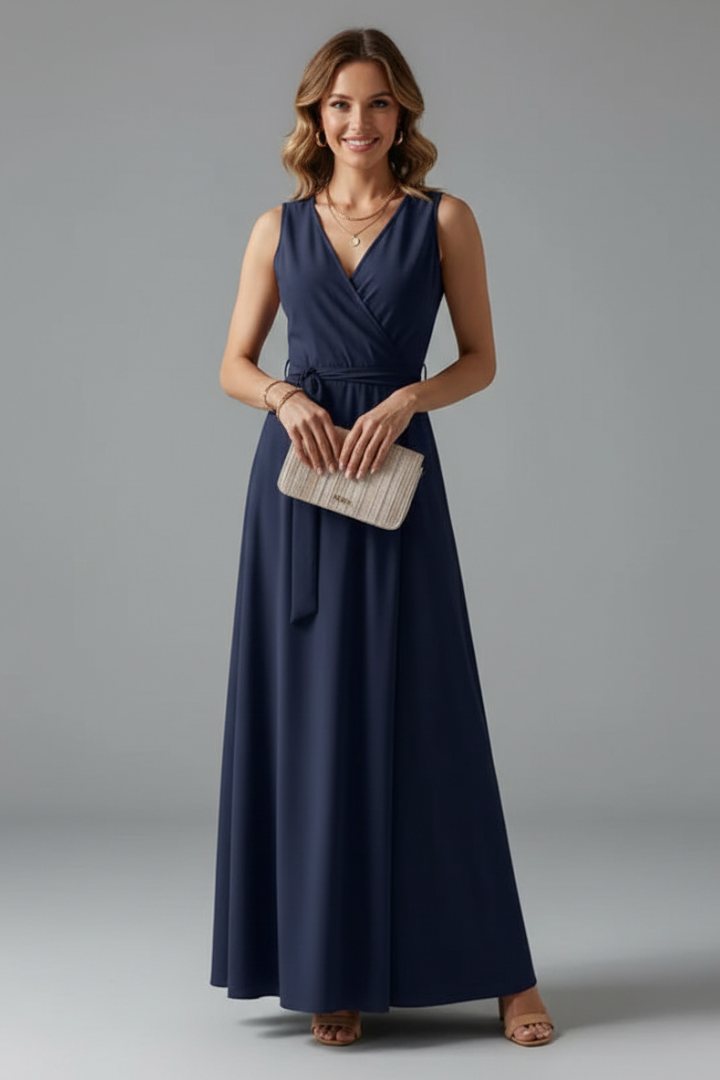 Women's pink sleeveless summer maxi dress with waist tie