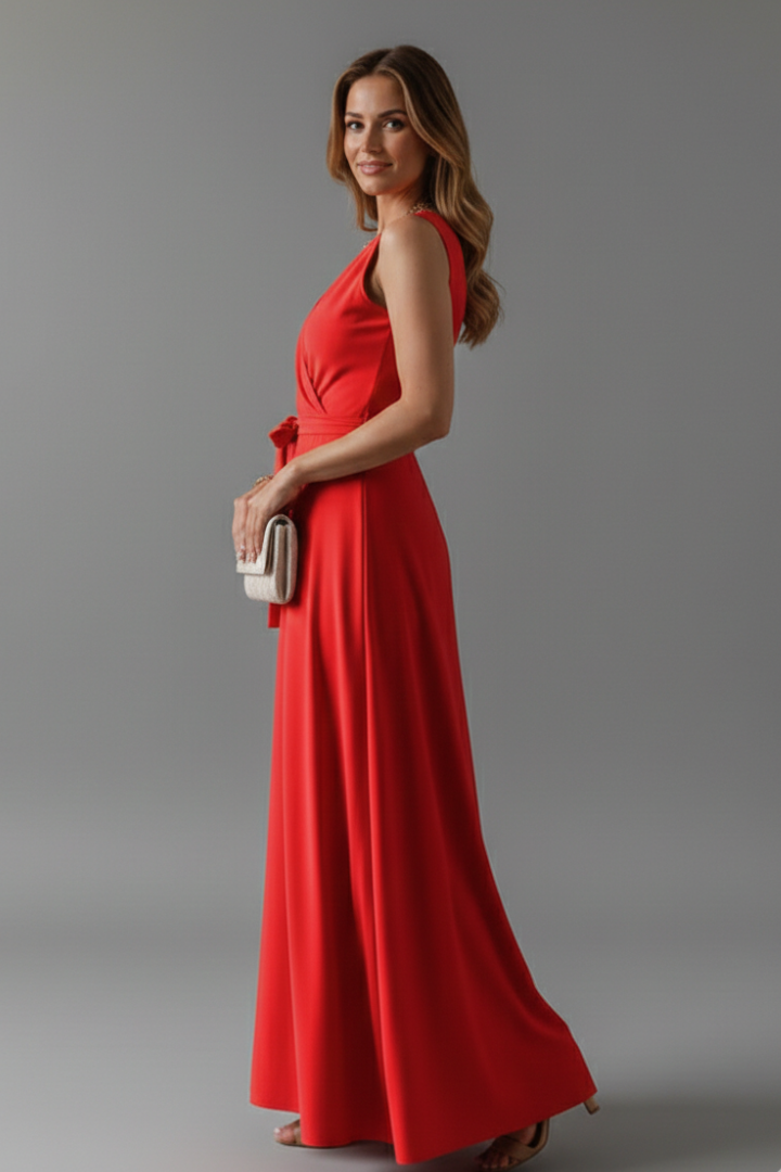 Women's red sleeveless summer maxi dress with waist tie
