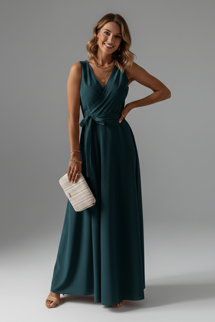 Women's green sleeveless summer maxi dress with waist tie