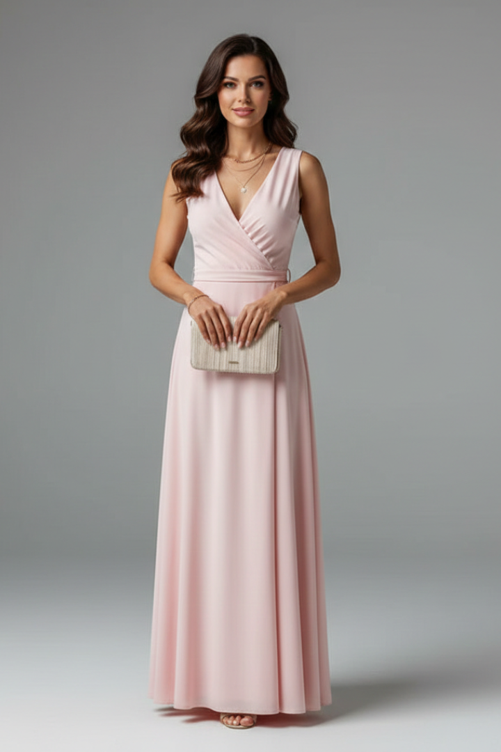 Women's green sleeveless summer maxi dress with waist tie