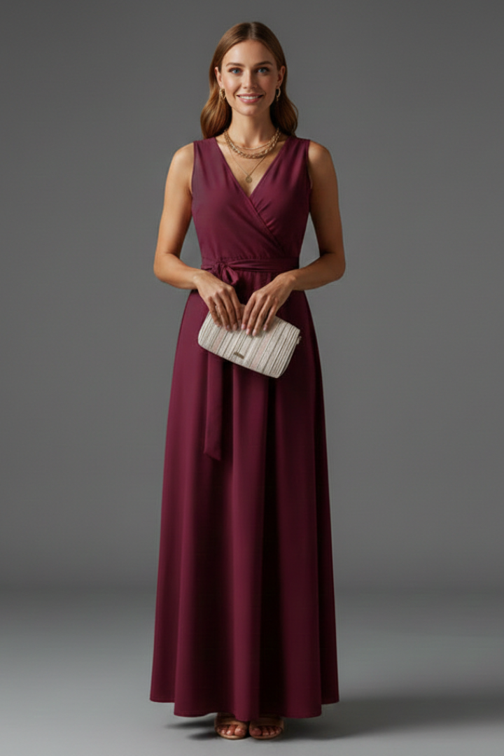 Women's green sleeveless summer maxi dress with waist tie
