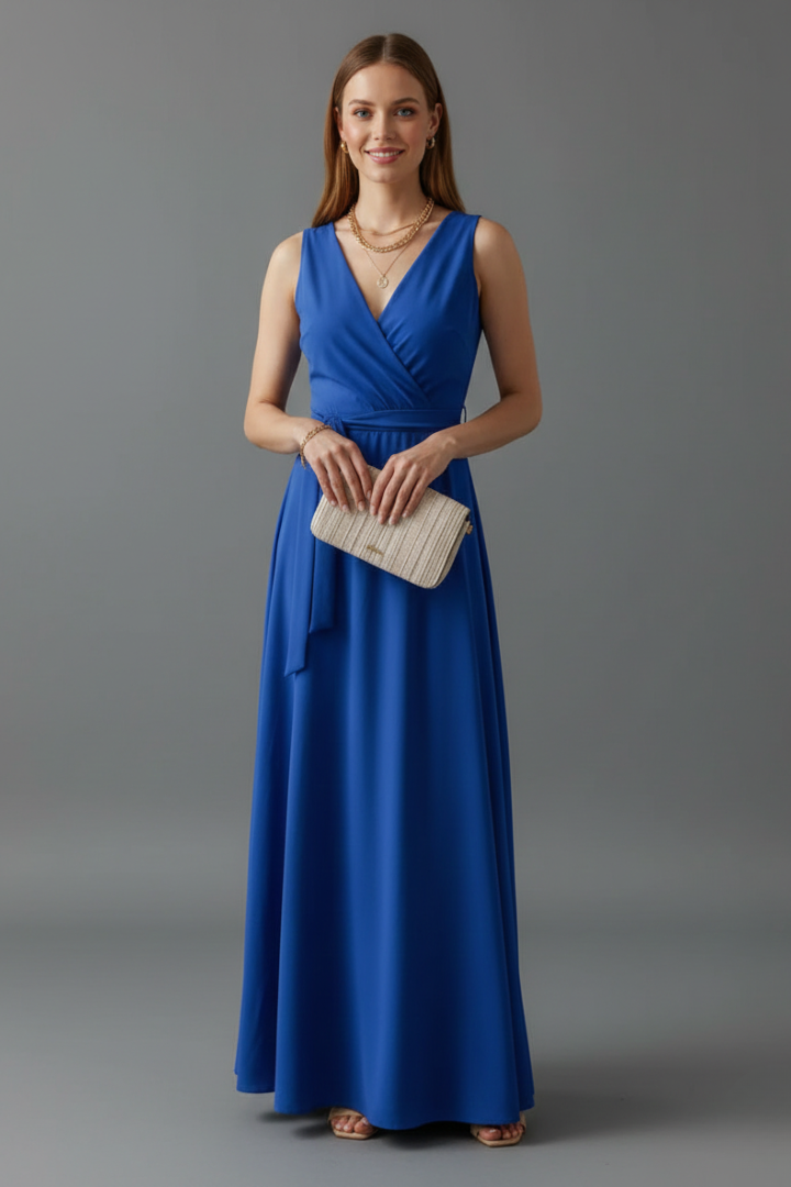 Women's green sleeveless summer maxi dress with waist tie