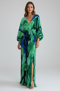 Women's Printed Maxi Dress with Pleated Skirt and Side Slit