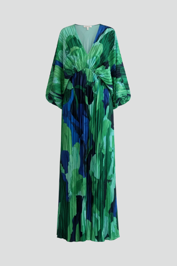 Women's green printed maxi dress with pleated skirt and side slit